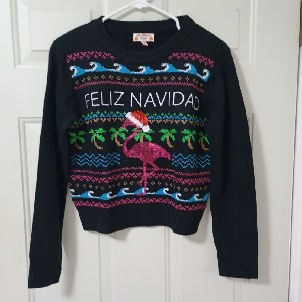 Merry Christmas Poof Feliz Navidad Flamingo Sweater S Black